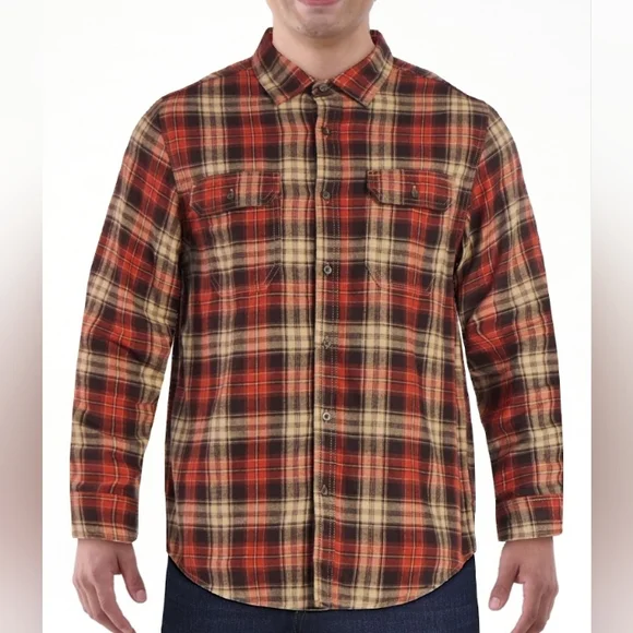 George Men's Button Down Red Tan & Black Plaid Flannel Double Pocket Shirt-SZ:M - Picture 3 of 16
